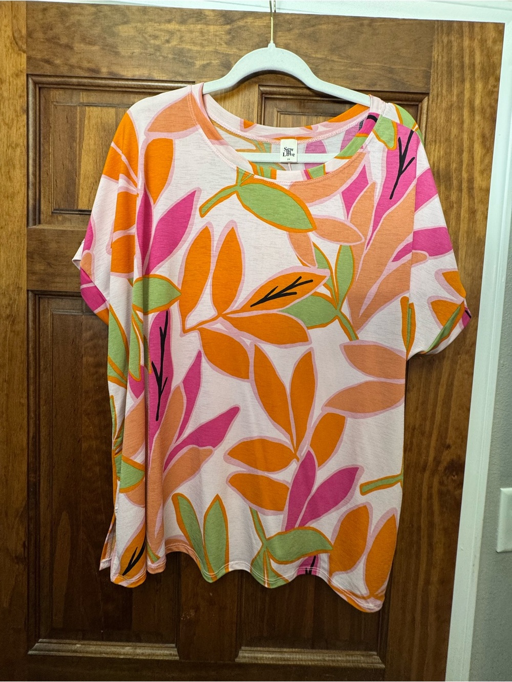Sew In Love Pink, Orange & Green Leaf Print Short Sleeve Top